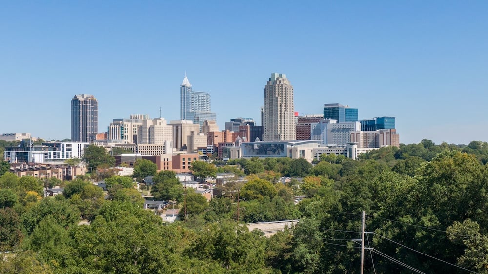 Panoramic view of the downtown Raleigh, North Carolina skyline with office buildings and surrounding trees.